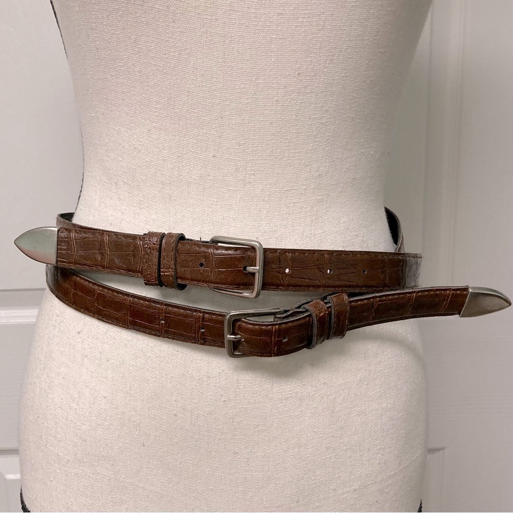 2 vintage vegan leather mock croc size 10 Brown Belts; silver tone buckles